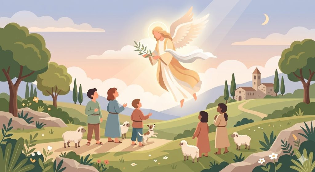La Aparición del Ángel de la Paz - un ángel luminoso sosteniendo una rama de olivo apareciendo a niños pastores